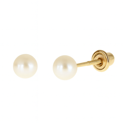 Pair of pearl earrings with gold posts on a white background
