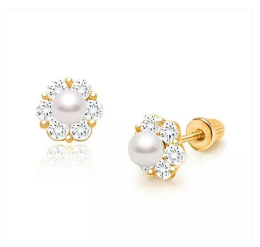 A pair of 14k gold flower earrings with cultured pearls and clear cubic zirconia, suitable for children, displayed against a white background.