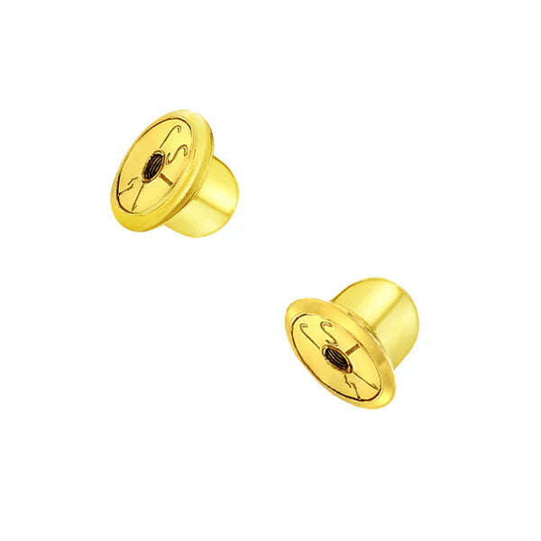 Two gold cylinder shaped screw back spares for earrings on a white background