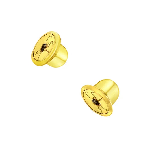 Two gold cylinder shaped screw back spares for earrings on a white background