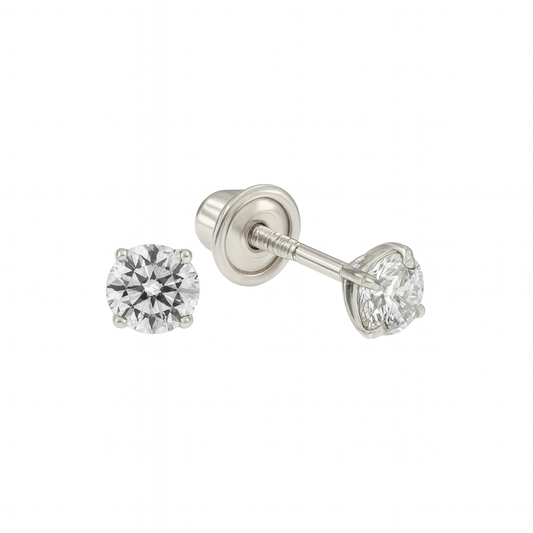 Pair of 14k white gold 4 prong clear solitaire cz stud earrings on a white background