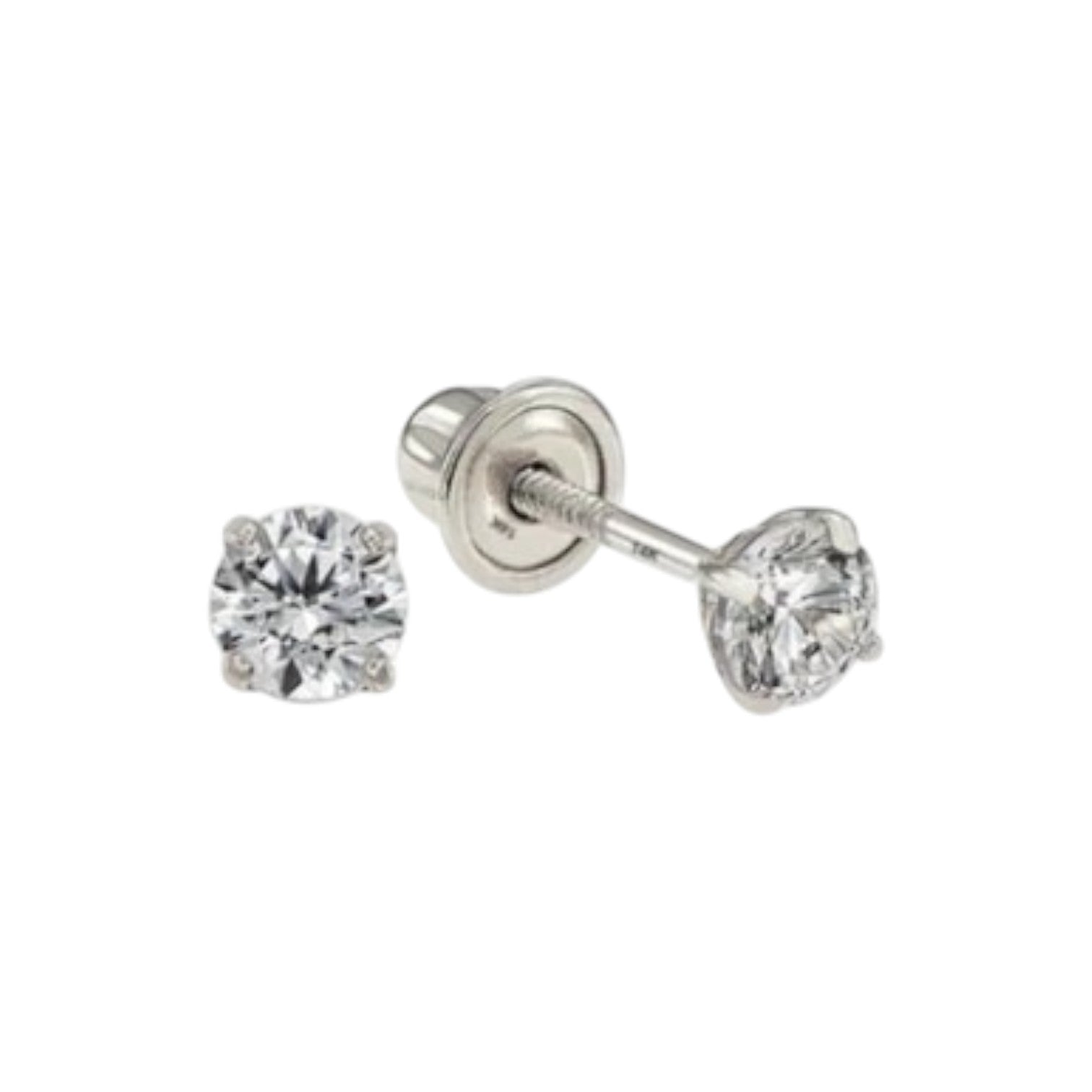 Pair of white gold stud earrings with clear cubic zirconia on a white background