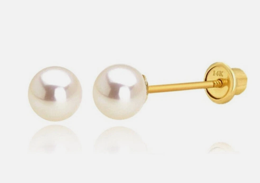 Pair of pearl earrings with gold posts on a white background