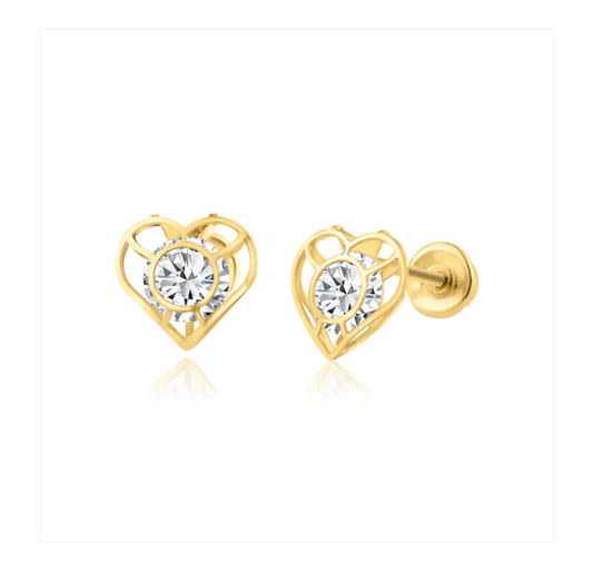 A pair of 14k gold filigree heart earrings with 4mm clear CZ stones, designed with screw back closures.