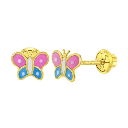 A pair of 14k gold children's earrings featuring pink and blue enamelled butterflies with screw back closures.
