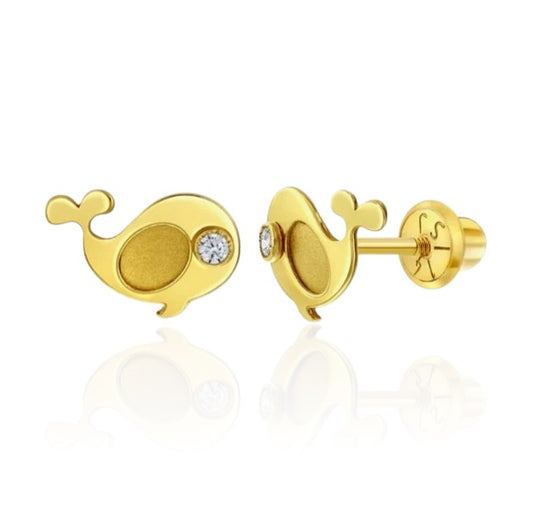 A pair of 14k solid gold whale-shaped earrings with screw backs and clear CZ stones, presented against a white background.