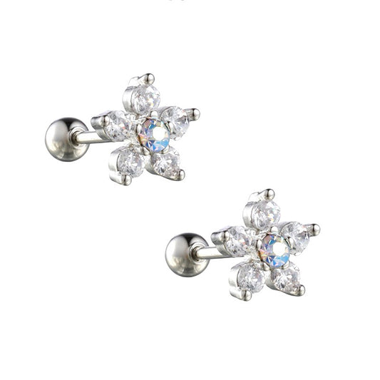 Children's and Teens' Earrings:  Surgical Steel, Reversible, Clear CZ Flower with Aurora Borealis Centre, with Screw Backs
