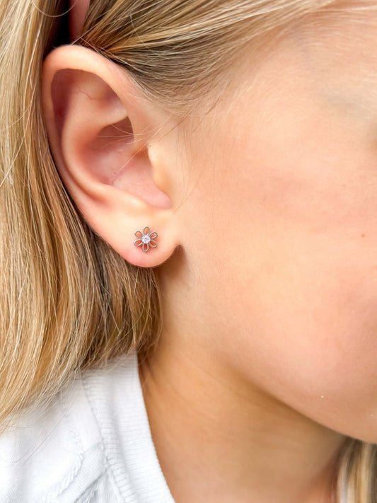 Children's Earrings: Surgical Steel Pink CZ Flower Stud Earrings with Screw Backs