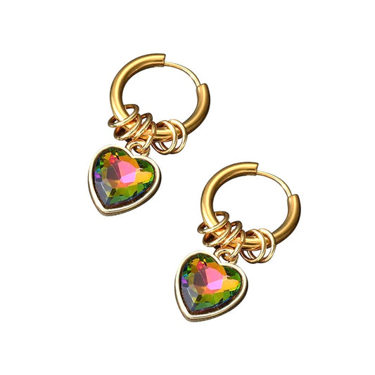 Teens' and Mothers' Earrings:  Steel with Gold IP, Dark Aurora Borealis Faceted Heart Hoops