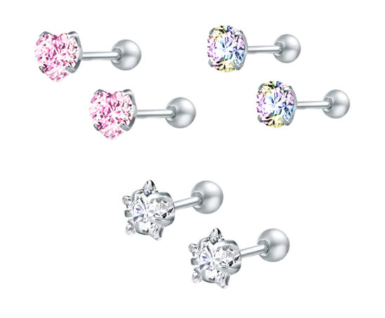 Children's Earrings:  Surgical Steel Reversible Set AAA CZ Screw Back Earrings Set of 3 Age 5 - 12 Pack 3