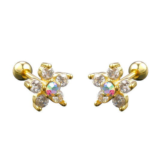 Children's and Teens' Earrings:  Surgical Steel, Gold IP, Reversible, Clear CZ Flower with Aurora Borealis Centre, with Screw Backs
