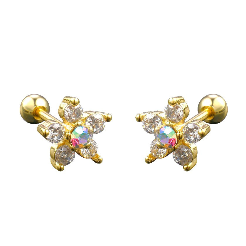 Children's and Teens' Earrings:  Surgical Steel, Gold IP, Clear CZ Flower with Aurora Borealis Centre, with Screw Backs