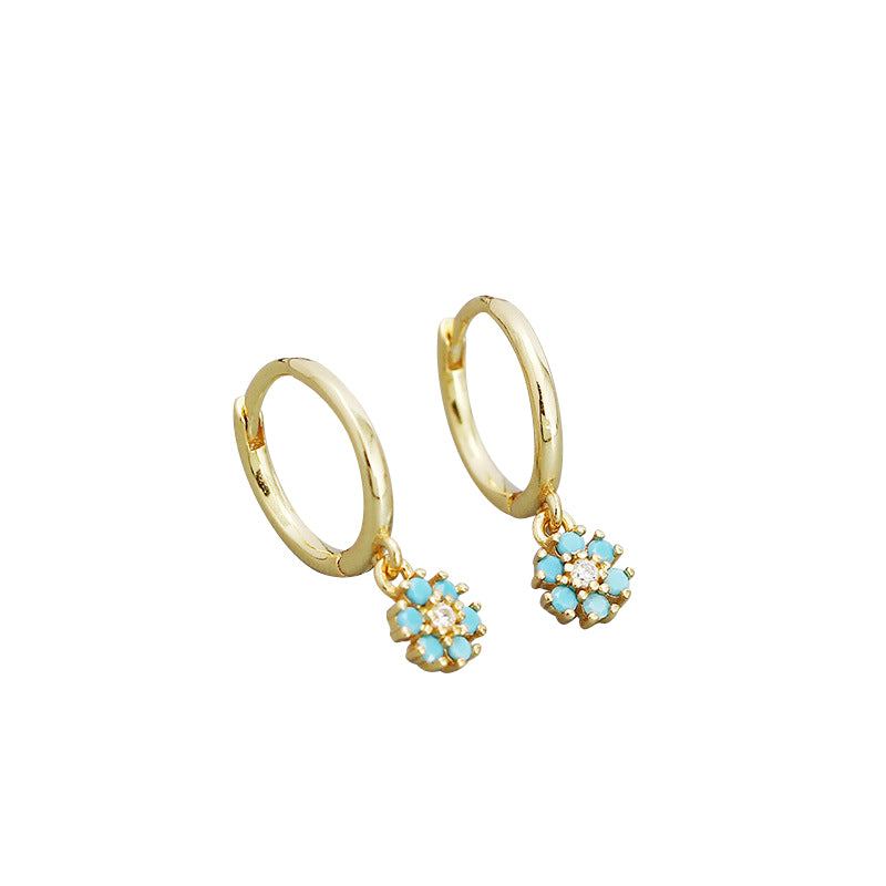 Children's Earrings:  14k Gold over Sterling Silver Hoops with Blue CZ Flowers