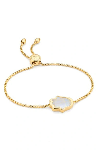 Children's, Teens' and Mothers' Bracelets:  Steel with Gold IP, Bolo (Adjustable) Bracelet with Mother of Pearl Hamsa, with Gift Box