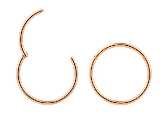 Children's earrings – rose gold anodized G23 titanium polished halo sleepers hinged hoop earrings.