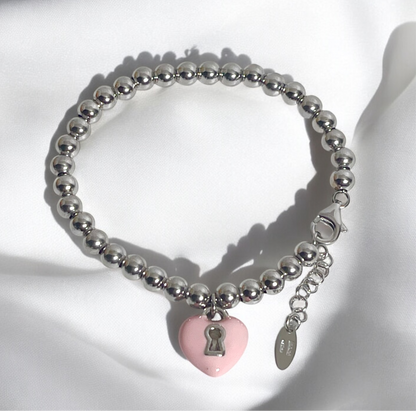 Children's Bracelets:  Sterling Silver Ball Bracelets with Pink Enamel Heart with Lock