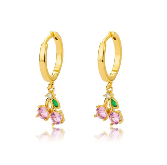 Children's, Teens' and Mothers' Earrings:  Steel with Gold IP Hoops with Pink CZ Cherries