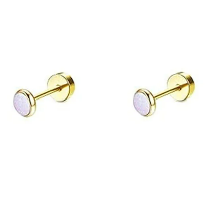 Children's Earrings:  Surgical Steel with Gold IP, with Bezel Set Lab Created Opal with Screw Backs