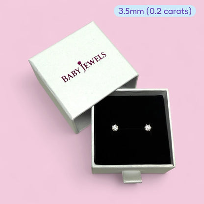 Moissanite earrings in a gift box showcasing 3.5mm size and 0.2 carats, featuring secure screw backs and 925 sterling silver.