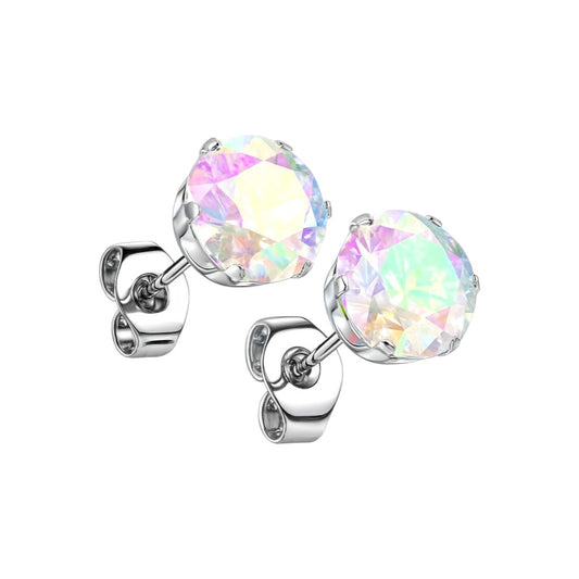 Aurora Borealis cubic zirconia earrings on a white background