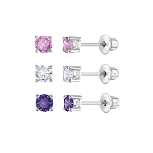 3mm baby screw back earrings in sterling silver with cubic zirconia - pink, clear and purple - on a white background