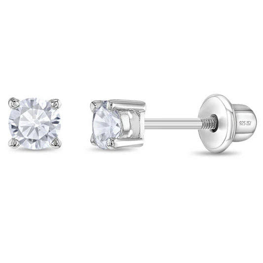 Close-up of 3mm clear cubic zirconia baby screw back earrings in sterling silver