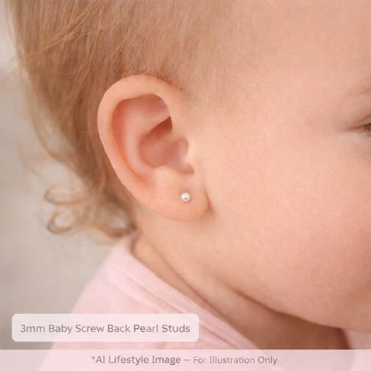 Baby earrings featuring 3mm faux pearl studs with screw backs on a toddler's ear for sensitive skin.