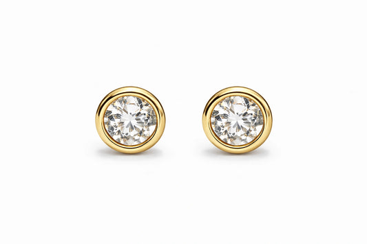 Baby earrings – 14k solid gold bezel set round CZ screw back studs 3mm with sparkling stones.