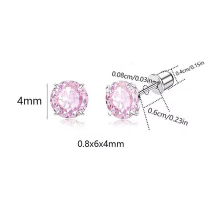 Pink CZ earrings featuring 4mm AAA cubic zirconia stones and 316L surgical steel screw backs.
