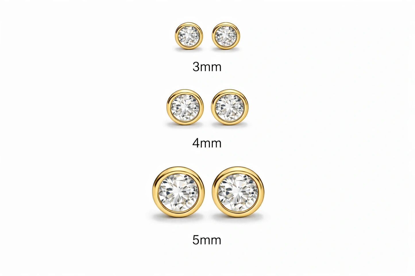 Children's earrings in three sizes: 3mm, 4mm, and 5mm bezel set round cubic zirconia in 14k solid gold.