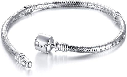 A silver-plated European style children's starter bracelet with a clasping fastener, designed for a 6.5 inch wrist.