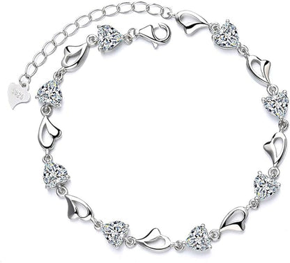 Children's and Teens' Bracelets:  Sterling Silver Clear CZ and Sweetheart Bracelets 16cm
