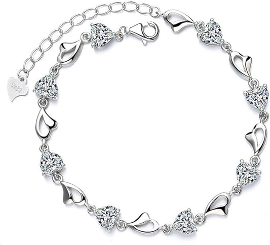 Children's and Teens' Bracelets:  Sterling Silver Clear CZ and Sweetheart Bracelets 16cm
