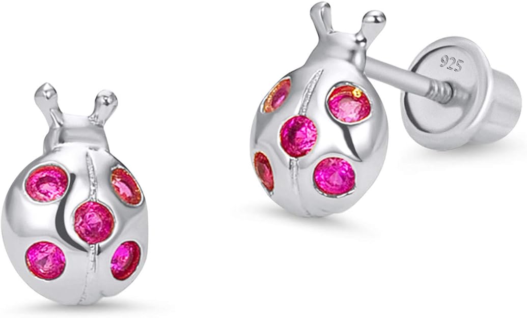 Baby and Children's Earrings:  Sterling silver Ladybug Earrings with Safety Screw Backs