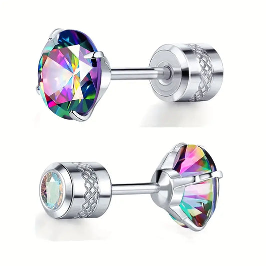 Teens' and Mothers' Earrings:  Two Earrings in One. Surgical Steel, 6mm Round Rainbow Topaz CZ Studs with Screw Backs