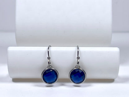 Hook earrings featuring 10mm faceted blue sapphire cubic zirconia on elegant titanium hooks.