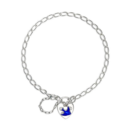 A sterling silver bracelet with a bluebird padlock charm and a safety chain, displayed on a white background.