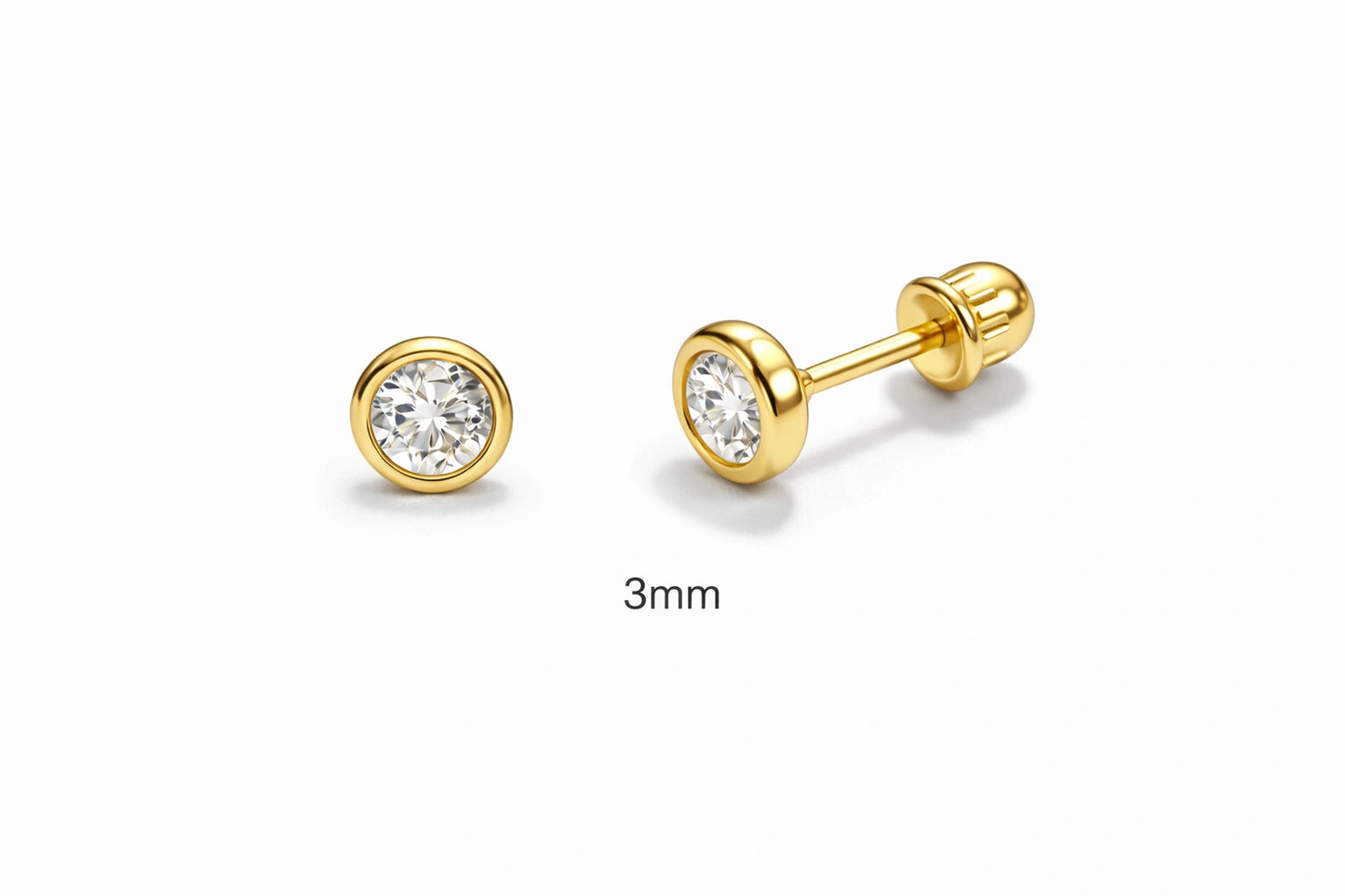 Baby earrings – 14k solid gold bezel set round CZ screw back studs 3mm elegant design for children.