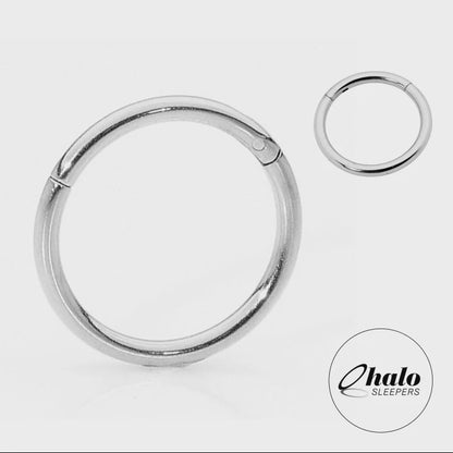 Children's earrings featuring G23 titanium polished hinged hoop design from Halo Sleepers in natural silvery grey.