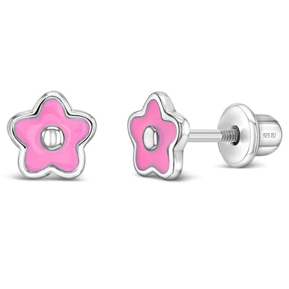 Close-up of 925 sterling silver pink enamel flower earrings with screw back posts, safe and hypoallergenic studs for babies, toddlers, and young girls