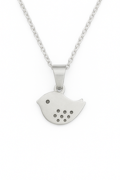 Close-up product image of a silver baby bird pendant necklace on a delicate chain, photographed against a clean white background to highlight the pendant's smooth finish and minimalist design.
