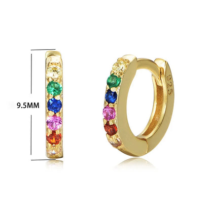 Baby hoop earrings in 925 sterling silver with rainbow CZ stones, measuring 9.5MM, perfect for little ones.
