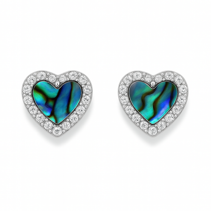 Heart-shaped earrings with abalone shell center and clear stones on a white background