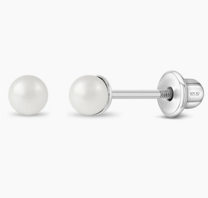 Baby pearl earrings in sterling silver with 3mm white simulated pearls and safety screw backs.