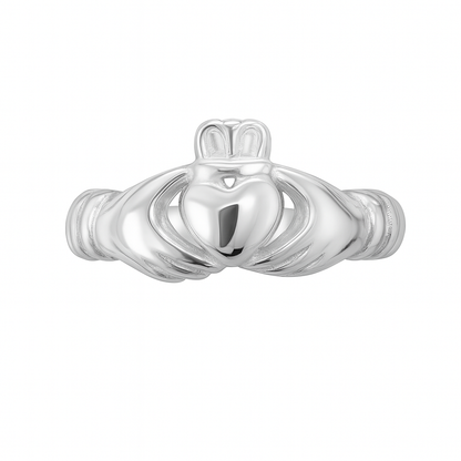 Close-up of a sterling silver Claddagh ring on a white background, featuring a polished heart held by two hands and topped with a detailed crown.