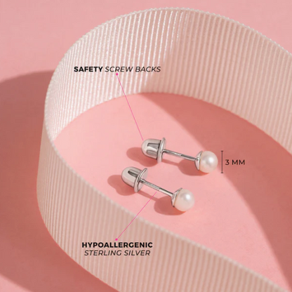 Baby pearl earrings with 3mm simulated pearls and safety screw backs in sterling silver.