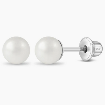 Pair of 5mm white pearl stud earrings with silver posts on a white background