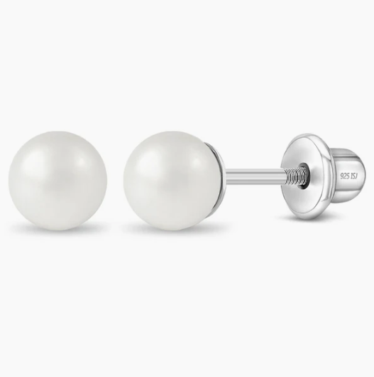 Pair of 5mm white pearl stud earrings with silver posts on a white background