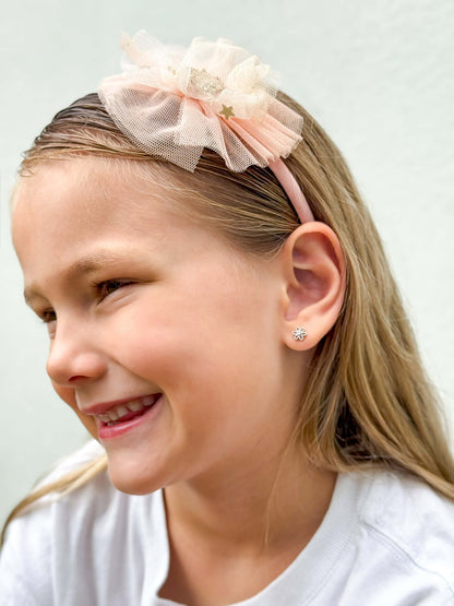 Children's Earrings: Surgical Steel Pink CZ Flower Stud Earrings with Screw Backs
