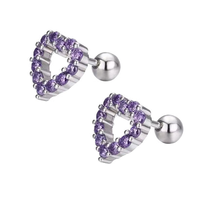 Children's and Teens' Earrings:  Sterling Silver Purple Amethyst CZ Open Hearts with Screw Backs